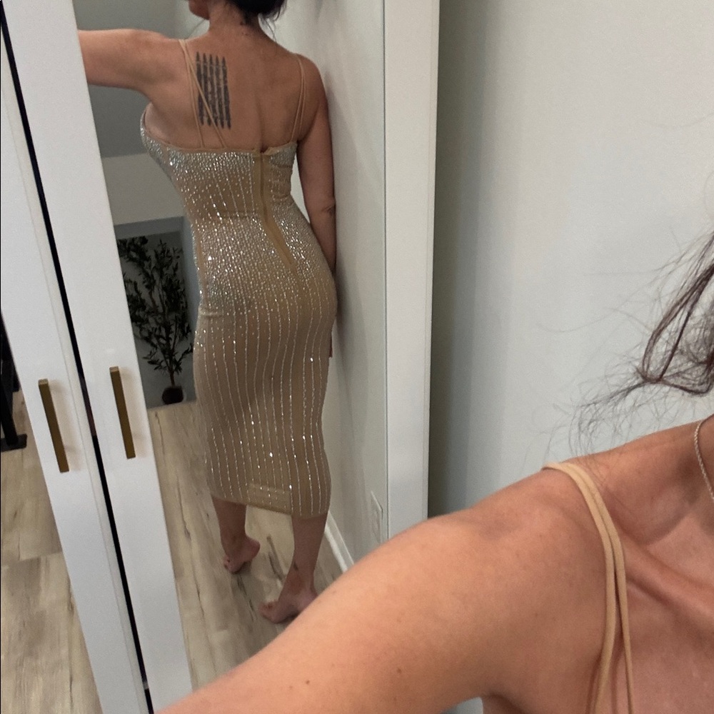 Banjul Tan Sequin Embellished double strap Dress bodysuit attached-sheer bottom - Picture 4 of 16